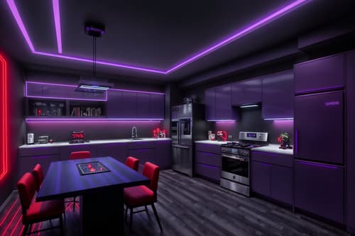 photo from pinterest of gaming room-style interior designed (kitchen interior) with worktops and plant and sink and kitchen cabinets and refrigerator and stove and worktops. . with multiple displays and dark room and speakers and neon letters on wall and purple and red lights and purple, red and blue fade light and gaming chair and at night. . cinematic photo, highly detailed, cinematic lighting, ultra-detailed, ultrarealistic, photorealism, 8k. trending on pinterest. gaming room interior design style. masterpiece, cinematic light, ultrarealistic+, photorealistic+, 8k, raw photo, realistic, sharp focus on eyes, (symmetrical eyes), (intact eyes), hyperrealistic, highest quality, best quality, , highly detailed, masterpiece, best quality, extremely detailed 8k wallpaper, masterpiece, best quality, ultra-detailed, best shadow, detailed background, detailed face, detailed eyes, high contrast, best illumination, detailed face, dulux, caustic, dynamic angle, detailed glow. dramatic lighting. highly detailed, insanely detailed hair, symmetrical, intricate details, professionally retouched, 8k high definition. strong bokeh. award winning photo.