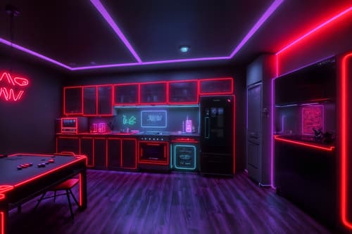 photo from pinterest of gaming room-style interior designed (kitchen interior) with worktops and plant and sink and kitchen cabinets and refrigerator and stove and worktops. . with multiple displays and dark room and speakers and neon letters on wall and purple and red lights and purple, red and blue fade light and gaming chair and at night. . cinematic photo, highly detailed, cinematic lighting, ultra-detailed, ultrarealistic, photorealism, 8k. trending on pinterest. gaming room interior design style. masterpiece, cinematic light, ultrarealistic+, photorealistic+, 8k, raw photo, realistic, sharp focus on eyes, (symmetrical eyes), (intact eyes), hyperrealistic, highest quality, best quality, , highly detailed, masterpiece, best quality, extremely detailed 8k wallpaper, masterpiece, best quality, ultra-detailed, best shadow, detailed background, detailed face, detailed eyes, high contrast, best illumination, detailed face, dulux, caustic, dynamic angle, detailed glow. dramatic lighting. highly detailed, insanely detailed hair, symmetrical, intricate details, professionally retouched, 8k high definition. strong bokeh. award winning photo.