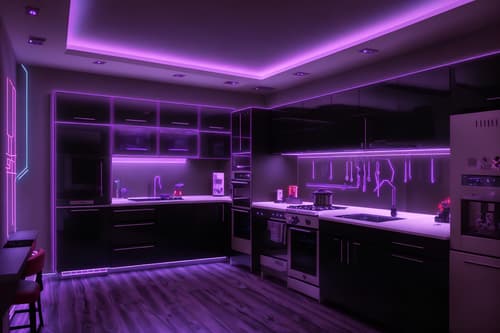 photo from pinterest of gaming room-style interior designed (kitchen interior) with worktops and plant and sink and kitchen cabinets and refrigerator and stove and worktops. . with multiple displays and dark room and speakers and neon letters on wall and purple and red lights and purple, red and blue fade light and gaming chair and at night. . cinematic photo, highly detailed, cinematic lighting, ultra-detailed, ultrarealistic, photorealism, 8k. trending on pinterest. gaming room interior design style. masterpiece, cinematic light, ultrarealistic+, photorealistic+, 8k, raw photo, realistic, sharp focus on eyes, (symmetrical eyes), (intact eyes), hyperrealistic, highest quality, best quality, , highly detailed, masterpiece, best quality, extremely detailed 8k wallpaper, masterpiece, best quality, ultra-detailed, best shadow, detailed background, detailed face, detailed eyes, high contrast, best illumination, detailed face, dulux, caustic, dynamic angle, detailed glow. dramatic lighting. highly detailed, insanely detailed hair, symmetrical, intricate details, professionally retouched, 8k high definition. strong bokeh. award winning photo.
