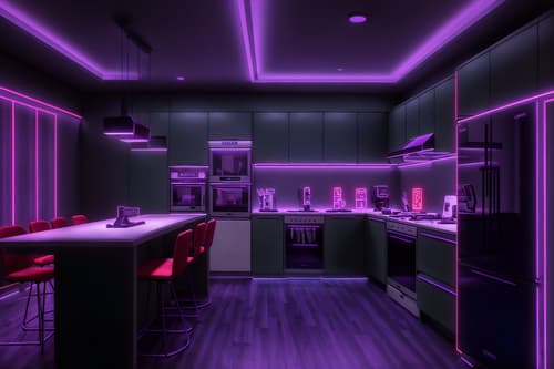 photo from pinterest of gaming room-style interior designed (kitchen interior) with worktops and plant and sink and kitchen cabinets and refrigerator and stove and worktops. . with multiple displays and dark room and speakers and neon letters on wall and purple and red lights and purple, red and blue fade light and gaming chair and at night. . cinematic photo, highly detailed, cinematic lighting, ultra-detailed, ultrarealistic, photorealism, 8k. trending on pinterest. gaming room interior design style. masterpiece, cinematic light, ultrarealistic+, photorealistic+, 8k, raw photo, realistic, sharp focus on eyes, (symmetrical eyes), (intact eyes), hyperrealistic, highest quality, best quality, , highly detailed, masterpiece, best quality, extremely detailed 8k wallpaper, masterpiece, best quality, ultra-detailed, best shadow, detailed background, detailed face, detailed eyes, high contrast, best illumination, detailed face, dulux, caustic, dynamic angle, detailed glow. dramatic lighting. highly detailed, insanely detailed hair, symmetrical, intricate details, professionally retouched, 8k high definition. strong bokeh. award winning photo.