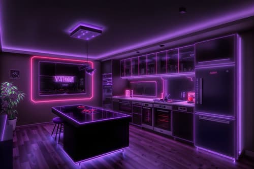 photo from pinterest of gaming room-style interior designed (kitchen interior) with worktops and plant and sink and kitchen cabinets and refrigerator and stove and worktops. . with multiple displays and dark room and speakers and neon letters on wall and purple and red lights and purple, red and blue fade light and gaming chair and at night. . cinematic photo, highly detailed, cinematic lighting, ultra-detailed, ultrarealistic, photorealism, 8k. trending on pinterest. gaming room interior design style. masterpiece, cinematic light, ultrarealistic+, photorealistic+, 8k, raw photo, realistic, sharp focus on eyes, (symmetrical eyes), (intact eyes), hyperrealistic, highest quality, best quality, , highly detailed, masterpiece, best quality, extremely detailed 8k wallpaper, masterpiece, best quality, ultra-detailed, best shadow, detailed background, detailed face, detailed eyes, high contrast, best illumination, detailed face, dulux, caustic, dynamic angle, detailed glow. dramatic lighting. highly detailed, insanely detailed hair, symmetrical, intricate details, professionally retouched, 8k high definition. strong bokeh. award winning photo.