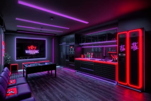 photo from pinterest of gaming room-style interior designed (kitchen interior) with worktops and plant and sink and kitchen cabinets and refrigerator and stove and worktops. . with multiple displays and dark room and speakers and neon letters on wall and purple and red lights and purple, red and blue fade light and gaming chair and at night. . cinematic photo, highly detailed, cinematic lighting, ultra-detailed, ultrarealistic, photorealism, 8k. trending on pinterest. gaming room interior design style. masterpiece, cinematic light, ultrarealistic+, photorealistic+, 8k, raw photo, realistic, sharp focus on eyes, (symmetrical eyes), (intact eyes), hyperrealistic, highest quality, best quality, , highly detailed, masterpiece, best quality, extremely detailed 8k wallpaper, masterpiece, best quality, ultra-detailed, best shadow, detailed background, detailed face, detailed eyes, high contrast, best illumination, detailed face, dulux, caustic, dynamic angle, detailed glow. dramatic lighting. highly detailed, insanely detailed hair, symmetrical, intricate details, professionally retouched, 8k high definition. strong bokeh. award winning photo.