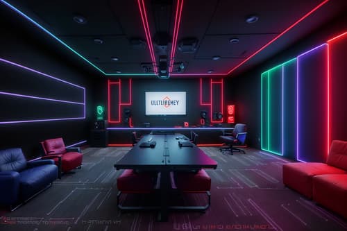 photo from pinterest of gaming room-style interior designed (coworking space interior) with office desks and seating area with sofa and lounge chairs and office chairs and office desks. . with multiple displays and speakers and at night and gaming chair and neon letters on wall and purple, red and blue fade light and dark room and dark walls. . cinematic photo, highly detailed, cinematic lighting, ultra-detailed, ultrarealistic, photorealism, 8k. trending on pinterest. gaming room interior design style. masterpiece, cinematic light, ultrarealistic+, photorealistic+, 8k, raw photo, realistic, sharp focus on eyes, (symmetrical eyes), (intact eyes), hyperrealistic, highest quality, best quality, , highly detailed, masterpiece, best quality, extremely detailed 8k wallpaper, masterpiece, best quality, ultra-detailed, best shadow, detailed background, detailed face, detailed eyes, high contrast, best illumination, detailed face, dulux, caustic, dynamic angle, detailed glow. dramatic lighting. highly detailed, insanely detailed hair, symmetrical, intricate details, professionally retouched, 8k high definition. strong bokeh. award winning photo.