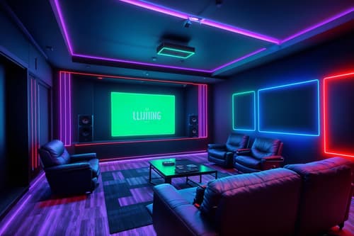 photo from pinterest of gaming room-style interior designed (coworking space interior) with office desks and seating area with sofa and lounge chairs and office chairs and office desks. . with multiple displays and speakers and at night and gaming chair and neon letters on wall and purple, red and blue fade light and dark room and dark walls. . cinematic photo, highly detailed, cinematic lighting, ultra-detailed, ultrarealistic, photorealism, 8k. trending on pinterest. gaming room interior design style. masterpiece, cinematic light, ultrarealistic+, photorealistic+, 8k, raw photo, realistic, sharp focus on eyes, (symmetrical eyes), (intact eyes), hyperrealistic, highest quality, best quality, , highly detailed, masterpiece, best quality, extremely detailed 8k wallpaper, masterpiece, best quality, ultra-detailed, best shadow, detailed background, detailed face, detailed eyes, high contrast, best illumination, detailed face, dulux, caustic, dynamic angle, detailed glow. dramatic lighting. highly detailed, insanely detailed hair, symmetrical, intricate details, professionally retouched, 8k high definition. strong bokeh. award winning photo.