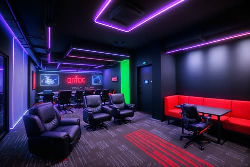 photo from pinterest of gaming room-style interior designed (coworking space interior) with office desks and seating area with sofa and lounge chairs and office chairs and office desks. . with multiple displays and speakers and at night and gaming chair and neon letters on wall and purple, red and blue fade light and dark room and dark walls. . cinematic photo, highly detailed, cinematic lighting, ultra-detailed, ultrarealistic, photorealism, 8k. trending on pinterest. gaming room interior design style. masterpiece, cinematic light, ultrarealistic+, photorealistic+, 8k, raw photo, realistic, sharp focus on eyes, (symmetrical eyes), (intact eyes), hyperrealistic, highest quality, best quality, , highly detailed, masterpiece, best quality, extremely detailed 8k wallpaper, masterpiece, best quality, ultra-detailed, best shadow, detailed background, detailed face, detailed eyes, high contrast, best illumination, detailed face, dulux, caustic, dynamic angle, detailed glow. dramatic lighting. highly detailed, insanely detailed hair, symmetrical, intricate details, professionally retouched, 8k high definition. strong bokeh. award winning photo.
