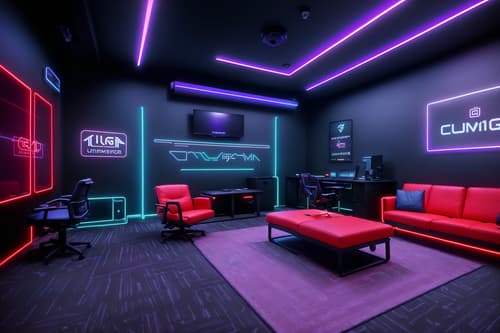 photo from pinterest of gaming room-style interior designed (coworking space interior) with office desks and seating area with sofa and lounge chairs and office chairs and office desks. . with multiple displays and speakers and at night and gaming chair and neon letters on wall and purple, red and blue fade light and dark room and dark walls. . cinematic photo, highly detailed, cinematic lighting, ultra-detailed, ultrarealistic, photorealism, 8k. trending on pinterest. gaming room interior design style. masterpiece, cinematic light, ultrarealistic+, photorealistic+, 8k, raw photo, realistic, sharp focus on eyes, (symmetrical eyes), (intact eyes), hyperrealistic, highest quality, best quality, , highly detailed, masterpiece, best quality, extremely detailed 8k wallpaper, masterpiece, best quality, ultra-detailed, best shadow, detailed background, detailed face, detailed eyes, high contrast, best illumination, detailed face, dulux, caustic, dynamic angle, detailed glow. dramatic lighting. highly detailed, insanely detailed hair, symmetrical, intricate details, professionally retouched, 8k high definition. strong bokeh. award winning photo.