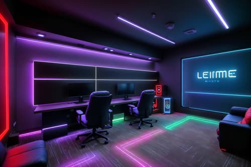 photo from pinterest of gaming room-style interior designed (coworking space interior) with office desks and seating area with sofa and lounge chairs and office chairs and office desks. . with multiple displays and speakers and at night and gaming chair and neon letters on wall and purple, red and blue fade light and dark room and dark walls. . cinematic photo, highly detailed, cinematic lighting, ultra-detailed, ultrarealistic, photorealism, 8k. trending on pinterest. gaming room interior design style. masterpiece, cinematic light, ultrarealistic+, photorealistic+, 8k, raw photo, realistic, sharp focus on eyes, (symmetrical eyes), (intact eyes), hyperrealistic, highest quality, best quality, , highly detailed, masterpiece, best quality, extremely detailed 8k wallpaper, masterpiece, best quality, ultra-detailed, best shadow, detailed background, detailed face, detailed eyes, high contrast, best illumination, detailed face, dulux, caustic, dynamic angle, detailed glow. dramatic lighting. highly detailed, insanely detailed hair, symmetrical, intricate details, professionally retouched, 8k high definition. strong bokeh. award winning photo.