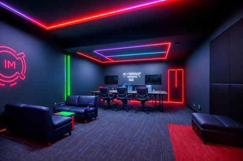 photo from pinterest of gaming room-style interior designed (coworking space interior) with office desks and seating area with sofa and lounge chairs and office chairs and office desks. . with multiple displays and speakers and at night and gaming chair and neon letters on wall and purple, red and blue fade light and dark room and dark walls. . cinematic photo, highly detailed, cinematic lighting, ultra-detailed, ultrarealistic, photorealism, 8k. trending on pinterest. gaming room interior design style. masterpiece, cinematic light, ultrarealistic+, photorealistic+, 8k, raw photo, realistic, sharp focus on eyes, (symmetrical eyes), (intact eyes), hyperrealistic, highest quality, best quality, , highly detailed, masterpiece, best quality, extremely detailed 8k wallpaper, masterpiece, best quality, ultra-detailed, best shadow, detailed background, detailed face, detailed eyes, high contrast, best illumination, detailed face, dulux, caustic, dynamic angle, detailed glow. dramatic lighting. highly detailed, insanely detailed hair, symmetrical, intricate details, professionally retouched, 8k high definition. strong bokeh. award winning photo.