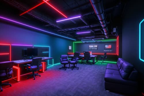photo from pinterest of gaming room-style interior designed (coworking space interior) with office desks and seating area with sofa and lounge chairs and office chairs and office desks. . with multiple displays and speakers and at night and gaming chair and neon letters on wall and purple, red and blue fade light and dark room and dark walls. . cinematic photo, highly detailed, cinematic lighting, ultra-detailed, ultrarealistic, photorealism, 8k. trending on pinterest. gaming room interior design style. masterpiece, cinematic light, ultrarealistic+, photorealistic+, 8k, raw photo, realistic, sharp focus on eyes, (symmetrical eyes), (intact eyes), hyperrealistic, highest quality, best quality, , highly detailed, masterpiece, best quality, extremely detailed 8k wallpaper, masterpiece, best quality, ultra-detailed, best shadow, detailed background, detailed face, detailed eyes, high contrast, best illumination, detailed face, dulux, caustic, dynamic angle, detailed glow. dramatic lighting. highly detailed, insanely detailed hair, symmetrical, intricate details, professionally retouched, 8k high definition. strong bokeh. award winning photo.