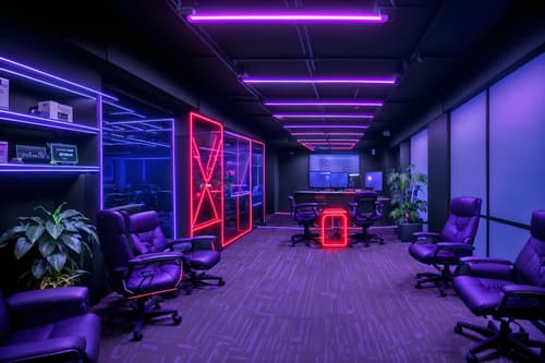 photo from pinterest of gaming room-style interior designed (office interior) with lounge chairs and plants and office chairs and windows and desk lamps and cabinets and computer desks and office desks. . with dark walls and neon lights and at night and computer desk with computer displays and keyboard and gaming chair and neon letters on wall and purple, red and blue fade light and purple and red lights. . cinematic photo, highly detailed, cinematic lighting, ultra-detailed, ultrarealistic, photorealism, 8k. trending on pinterest. gaming room interior design style. masterpiece, cinematic light, ultrarealistic+, photorealistic+, 8k, raw photo, realistic, sharp focus on eyes, (symmetrical eyes), (intact eyes), hyperrealistic, highest quality, best quality, , highly detailed, masterpiece, best quality, extremely detailed 8k wallpaper, masterpiece, best quality, ultra-detailed, best shadow, detailed background, detailed face, detailed eyes, high contrast, best illumination, detailed face, dulux, caustic, dynamic angle, detailed glow. dramatic lighting. highly detailed, insanely detailed hair, symmetrical, intricate details, professionally retouched, 8k high definition. strong bokeh. award winning photo.