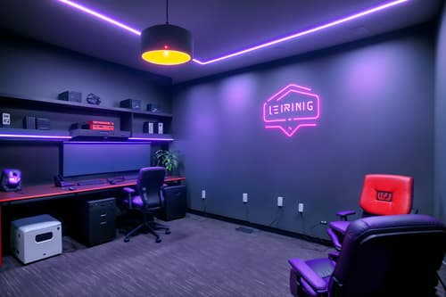 photo from pinterest of gaming room-style interior designed (office interior) with lounge chairs and plants and office chairs and windows and desk lamps and cabinets and computer desks and office desks. . with dark walls and neon lights and at night and computer desk with computer displays and keyboard and gaming chair and neon letters on wall and purple, red and blue fade light and purple and red lights. . cinematic photo, highly detailed, cinematic lighting, ultra-detailed, ultrarealistic, photorealism, 8k. trending on pinterest. gaming room interior design style. masterpiece, cinematic light, ultrarealistic+, photorealistic+, 8k, raw photo, realistic, sharp focus on eyes, (symmetrical eyes), (intact eyes), hyperrealistic, highest quality, best quality, , highly detailed, masterpiece, best quality, extremely detailed 8k wallpaper, masterpiece, best quality, ultra-detailed, best shadow, detailed background, detailed face, detailed eyes, high contrast, best illumination, detailed face, dulux, caustic, dynamic angle, detailed glow. dramatic lighting. highly detailed, insanely detailed hair, symmetrical, intricate details, professionally retouched, 8k high definition. strong bokeh. award winning photo.