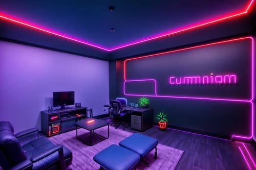 photo from pinterest of gaming room-style interior designed (office interior) with lounge chairs and plants and office chairs and windows and desk lamps and cabinets and computer desks and office desks. . with dark walls and neon lights and at night and computer desk with computer displays and keyboard and gaming chair and neon letters on wall and purple, red and blue fade light and purple and red lights. . cinematic photo, highly detailed, cinematic lighting, ultra-detailed, ultrarealistic, photorealism, 8k. trending on pinterest. gaming room interior design style. masterpiece, cinematic light, ultrarealistic+, photorealistic+, 8k, raw photo, realistic, sharp focus on eyes, (symmetrical eyes), (intact eyes), hyperrealistic, highest quality, best quality, , highly detailed, masterpiece, best quality, extremely detailed 8k wallpaper, masterpiece, best quality, ultra-detailed, best shadow, detailed background, detailed face, detailed eyes, high contrast, best illumination, detailed face, dulux, caustic, dynamic angle, detailed glow. dramatic lighting. highly detailed, insanely detailed hair, symmetrical, intricate details, professionally retouched, 8k high definition. strong bokeh. award winning photo.