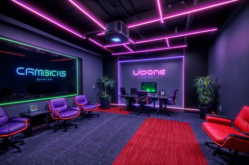 photo from pinterest of gaming room-style interior designed (office interior) with lounge chairs and plants and office chairs and windows and desk lamps and cabinets and computer desks and office desks. . with dark walls and neon lights and at night and computer desk with computer displays and keyboard and gaming chair and neon letters on wall and purple, red and blue fade light and purple and red lights. . cinematic photo, highly detailed, cinematic lighting, ultra-detailed, ultrarealistic, photorealism, 8k. trending on pinterest. gaming room interior design style. masterpiece, cinematic light, ultrarealistic+, photorealistic+, 8k, raw photo, realistic, sharp focus on eyes, (symmetrical eyes), (intact eyes), hyperrealistic, highest quality, best quality, , highly detailed, masterpiece, best quality, extremely detailed 8k wallpaper, masterpiece, best quality, ultra-detailed, best shadow, detailed background, detailed face, detailed eyes, high contrast, best illumination, detailed face, dulux, caustic, dynamic angle, detailed glow. dramatic lighting. highly detailed, insanely detailed hair, symmetrical, intricate details, professionally retouched, 8k high definition. strong bokeh. award winning photo.