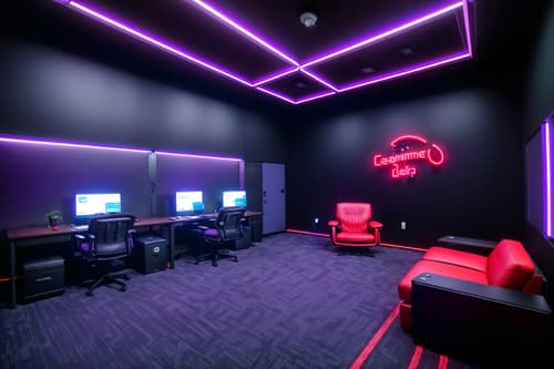 photo from pinterest of gaming room-style interior designed (office interior) with lounge chairs and plants and office chairs and windows and desk lamps and cabinets and computer desks and office desks. . with dark walls and neon lights and at night and computer desk with computer displays and keyboard and gaming chair and neon letters on wall and purple, red and blue fade light and purple and red lights. . cinematic photo, highly detailed, cinematic lighting, ultra-detailed, ultrarealistic, photorealism, 8k. trending on pinterest. gaming room interior design style. masterpiece, cinematic light, ultrarealistic+, photorealistic+, 8k, raw photo, realistic, sharp focus on eyes, (symmetrical eyes), (intact eyes), hyperrealistic, highest quality, best quality, , highly detailed, masterpiece, best quality, extremely detailed 8k wallpaper, masterpiece, best quality, ultra-detailed, best shadow, detailed background, detailed face, detailed eyes, high contrast, best illumination, detailed face, dulux, caustic, dynamic angle, detailed glow. dramatic lighting. highly detailed, insanely detailed hair, symmetrical, intricate details, professionally retouched, 8k high definition. strong bokeh. award winning photo.