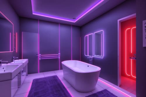 photo from pinterest of gaming room-style interior designed (bathroom interior) with bathtub and bath towel and bathroom cabinet and bathroom sink with faucet and mirror and bath rail and toilet seat and plant. . with purple, red and blue fade light and speakers and gaming chair and neon letters on wall and at night and multiple displays and neon lights and purple and red lights. . cinematic photo, highly detailed, cinematic lighting, ultra-detailed, ultrarealistic, photorealism, 8k. trending on pinterest. gaming room interior design style. masterpiece, cinematic light, ultrarealistic+, photorealistic+, 8k, raw photo, realistic, sharp focus on eyes, (symmetrical eyes), (intact eyes), hyperrealistic, highest quality, best quality, , highly detailed, masterpiece, best quality, extremely detailed 8k wallpaper, masterpiece, best quality, ultra-detailed, best shadow, detailed background, detailed face, detailed eyes, high contrast, best illumination, detailed face, dulux, caustic, dynamic angle, detailed glow. dramatic lighting. highly detailed, insanely detailed hair, symmetrical, intricate details, professionally retouched, 8k high definition. strong bokeh. award winning photo.