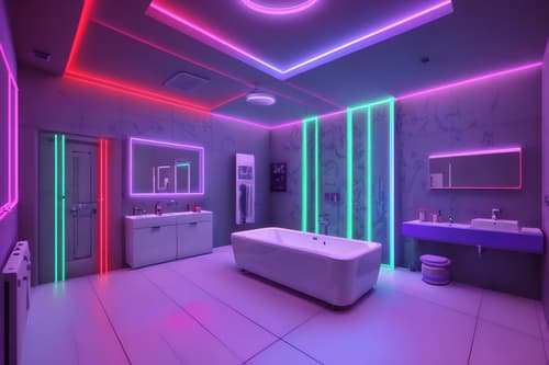 photo from pinterest of gaming room-style interior designed (bathroom interior) with bathtub and bath towel and bathroom cabinet and bathroom sink with faucet and mirror and bath rail and toilet seat and plant. . with purple, red and blue fade light and speakers and gaming chair and neon letters on wall and at night and multiple displays and neon lights and purple and red lights. . cinematic photo, highly detailed, cinematic lighting, ultra-detailed, ultrarealistic, photorealism, 8k. trending on pinterest. gaming room interior design style. masterpiece, cinematic light, ultrarealistic+, photorealistic+, 8k, raw photo, realistic, sharp focus on eyes, (symmetrical eyes), (intact eyes), hyperrealistic, highest quality, best quality, , highly detailed, masterpiece, best quality, extremely detailed 8k wallpaper, masterpiece, best quality, ultra-detailed, best shadow, detailed background, detailed face, detailed eyes, high contrast, best illumination, detailed face, dulux, caustic, dynamic angle, detailed glow. dramatic lighting. highly detailed, insanely detailed hair, symmetrical, intricate details, professionally retouched, 8k high definition. strong bokeh. award winning photo.