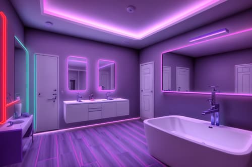 photo from pinterest of gaming room-style interior designed (bathroom interior) with bathtub and bath towel and bathroom cabinet and bathroom sink with faucet and mirror and bath rail and toilet seat and plant. . with purple, red and blue fade light and speakers and gaming chair and neon letters on wall and at night and multiple displays and neon lights and purple and red lights. . cinematic photo, highly detailed, cinematic lighting, ultra-detailed, ultrarealistic, photorealism, 8k. trending on pinterest. gaming room interior design style. masterpiece, cinematic light, ultrarealistic+, photorealistic+, 8k, raw photo, realistic, sharp focus on eyes, (symmetrical eyes), (intact eyes), hyperrealistic, highest quality, best quality, , highly detailed, masterpiece, best quality, extremely detailed 8k wallpaper, masterpiece, best quality, ultra-detailed, best shadow, detailed background, detailed face, detailed eyes, high contrast, best illumination, detailed face, dulux, caustic, dynamic angle, detailed glow. dramatic lighting. highly detailed, insanely detailed hair, symmetrical, intricate details, professionally retouched, 8k high definition. strong bokeh. award winning photo.
