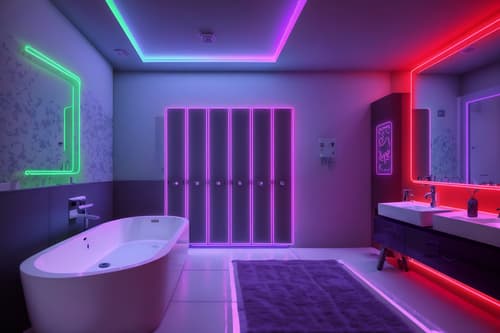 photo from pinterest of gaming room-style interior designed (bathroom interior) with bathtub and bath towel and bathroom cabinet and bathroom sink with faucet and mirror and bath rail and toilet seat and plant. . with purple, red and blue fade light and speakers and gaming chair and neon letters on wall and at night and multiple displays and neon lights and purple and red lights. . cinematic photo, highly detailed, cinematic lighting, ultra-detailed, ultrarealistic, photorealism, 8k. trending on pinterest. gaming room interior design style. masterpiece, cinematic light, ultrarealistic+, photorealistic+, 8k, raw photo, realistic, sharp focus on eyes, (symmetrical eyes), (intact eyes), hyperrealistic, highest quality, best quality, , highly detailed, masterpiece, best quality, extremely detailed 8k wallpaper, masterpiece, best quality, ultra-detailed, best shadow, detailed background, detailed face, detailed eyes, high contrast, best illumination, detailed face, dulux, caustic, dynamic angle, detailed glow. dramatic lighting. highly detailed, insanely detailed hair, symmetrical, intricate details, professionally retouched, 8k high definition. strong bokeh. award winning photo.