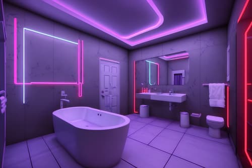 photo from pinterest of gaming room-style interior designed (bathroom interior) with bathtub and bath towel and bathroom cabinet and bathroom sink with faucet and mirror and bath rail and toilet seat and plant. . with purple, red and blue fade light and speakers and gaming chair and neon letters on wall and at night and multiple displays and neon lights and purple and red lights. . cinematic photo, highly detailed, cinematic lighting, ultra-detailed, ultrarealistic, photorealism, 8k. trending on pinterest. gaming room interior design style. masterpiece, cinematic light, ultrarealistic+, photorealistic+, 8k, raw photo, realistic, sharp focus on eyes, (symmetrical eyes), (intact eyes), hyperrealistic, highest quality, best quality, , highly detailed, masterpiece, best quality, extremely detailed 8k wallpaper, masterpiece, best quality, ultra-detailed, best shadow, detailed background, detailed face, detailed eyes, high contrast, best illumination, detailed face, dulux, caustic, dynamic angle, detailed glow. dramatic lighting. highly detailed, insanely detailed hair, symmetrical, intricate details, professionally retouched, 8k high definition. strong bokeh. award winning photo.