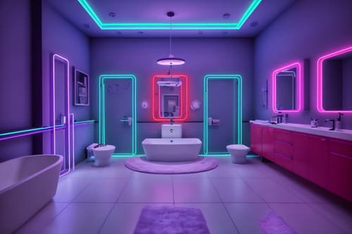 photo from pinterest of gaming room-style interior designed (bathroom interior) with bathtub and bath towel and bathroom cabinet and bathroom sink with faucet and mirror and bath rail and toilet seat and plant. . with purple, red and blue fade light and speakers and gaming chair and neon letters on wall and at night and multiple displays and neon lights and purple and red lights. . cinematic photo, highly detailed, cinematic lighting, ultra-detailed, ultrarealistic, photorealism, 8k. trending on pinterest. gaming room interior design style. masterpiece, cinematic light, ultrarealistic+, photorealistic+, 8k, raw photo, realistic, sharp focus on eyes, (symmetrical eyes), (intact eyes), hyperrealistic, highest quality, best quality, , highly detailed, masterpiece, best quality, extremely detailed 8k wallpaper, masterpiece, best quality, ultra-detailed, best shadow, detailed background, detailed face, detailed eyes, high contrast, best illumination, detailed face, dulux, caustic, dynamic angle, detailed glow. dramatic lighting. highly detailed, insanely detailed hair, symmetrical, intricate details, professionally retouched, 8k high definition. strong bokeh. award winning photo.
