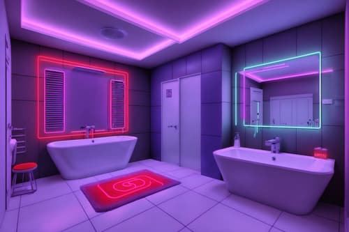 photo from pinterest of gaming room-style interior designed (bathroom interior) with bathtub and bath towel and bathroom cabinet and bathroom sink with faucet and mirror and bath rail and toilet seat and plant. . with purple, red and blue fade light and speakers and gaming chair and neon letters on wall and at night and multiple displays and neon lights and purple and red lights. . cinematic photo, highly detailed, cinematic lighting, ultra-detailed, ultrarealistic, photorealism, 8k. trending on pinterest. gaming room interior design style. masterpiece, cinematic light, ultrarealistic+, photorealistic+, 8k, raw photo, realistic, sharp focus on eyes, (symmetrical eyes), (intact eyes), hyperrealistic, highest quality, best quality, , highly detailed, masterpiece, best quality, extremely detailed 8k wallpaper, masterpiece, best quality, ultra-detailed, best shadow, detailed background, detailed face, detailed eyes, high contrast, best illumination, detailed face, dulux, caustic, dynamic angle, detailed glow. dramatic lighting. highly detailed, insanely detailed hair, symmetrical, intricate details, professionally retouched, 8k high definition. strong bokeh. award winning photo.