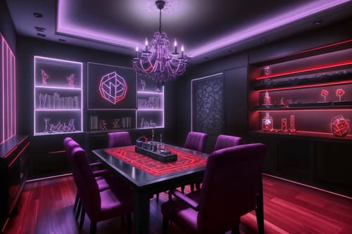 photo from pinterest of gaming room-style interior designed (dining room interior) with table cloth and vase and plates, cutlery and glasses on dining table and bookshelves and light or chandelier and dining table and plant and dining table chairs. . with purple and red lights and speakers and gaming chair and multiple displays and dark walls and at night and computer desk with computer displays and keyboard and purple, red and blue fade light. . cinematic photo, highly detailed, cinematic lighting, ultra-detailed, ultrarealistic, photorealism, 8k. trending on pinterest. gaming room interior design style. masterpiece, cinematic light, ultrarealistic+, photorealistic+, 8k, raw photo, realistic, sharp focus on eyes, (symmetrical eyes), (intact eyes), hyperrealistic, highest quality, best quality, , highly detailed, masterpiece, best quality, extremely detailed 8k wallpaper, masterpiece, best quality, ultra-detailed, best shadow, detailed background, detailed face, detailed eyes, high contrast, best illumination, detailed face, dulux, caustic, dynamic angle, detailed glow. dramatic lighting. highly detailed, insanely detailed hair, symmetrical, intricate details, professionally retouched, 8k high definition. strong bokeh. award winning photo.