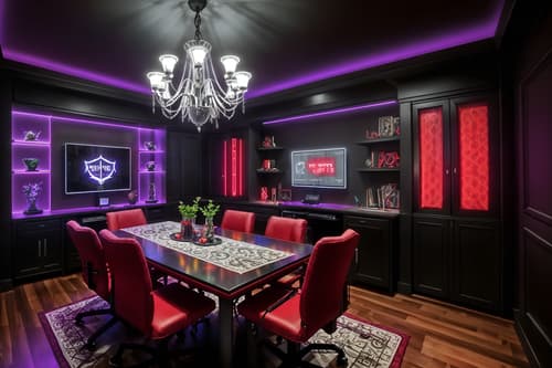 photo from pinterest of gaming room-style interior designed (dining room interior) with table cloth and vase and plates, cutlery and glasses on dining table and bookshelves and light or chandelier and dining table and plant and dining table chairs. . with purple and red lights and speakers and gaming chair and multiple displays and dark walls and at night and computer desk with computer displays and keyboard and purple, red and blue fade light. . cinematic photo, highly detailed, cinematic lighting, ultra-detailed, ultrarealistic, photorealism, 8k. trending on pinterest. gaming room interior design style. masterpiece, cinematic light, ultrarealistic+, photorealistic+, 8k, raw photo, realistic, sharp focus on eyes, (symmetrical eyes), (intact eyes), hyperrealistic, highest quality, best quality, , highly detailed, masterpiece, best quality, extremely detailed 8k wallpaper, masterpiece, best quality, ultra-detailed, best shadow, detailed background, detailed face, detailed eyes, high contrast, best illumination, detailed face, dulux, caustic, dynamic angle, detailed glow. dramatic lighting. highly detailed, insanely detailed hair, symmetrical, intricate details, professionally retouched, 8k high definition. strong bokeh. award winning photo.