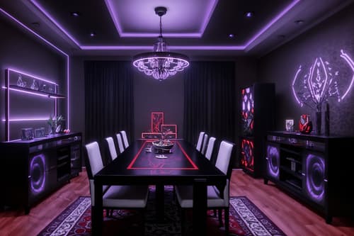 photo from pinterest of gaming room-style interior designed (dining room interior) with table cloth and vase and plates, cutlery and glasses on dining table and bookshelves and light or chandelier and dining table and plant and dining table chairs. . with purple and red lights and speakers and gaming chair and multiple displays and dark walls and at night and computer desk with computer displays and keyboard and purple, red and blue fade light. . cinematic photo, highly detailed, cinematic lighting, ultra-detailed, ultrarealistic, photorealism, 8k. trending on pinterest. gaming room interior design style. masterpiece, cinematic light, ultrarealistic+, photorealistic+, 8k, raw photo, realistic, sharp focus on eyes, (symmetrical eyes), (intact eyes), hyperrealistic, highest quality, best quality, , highly detailed, masterpiece, best quality, extremely detailed 8k wallpaper, masterpiece, best quality, ultra-detailed, best shadow, detailed background, detailed face, detailed eyes, high contrast, best illumination, detailed face, dulux, caustic, dynamic angle, detailed glow. dramatic lighting. highly detailed, insanely detailed hair, symmetrical, intricate details, professionally retouched, 8k high definition. strong bokeh. award winning photo.