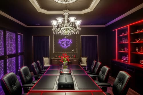 photo from pinterest of gaming room-style interior designed (dining room interior) with table cloth and vase and plates, cutlery and glasses on dining table and bookshelves and light or chandelier and dining table and plant and dining table chairs. . with purple and red lights and speakers and gaming chair and multiple displays and dark walls and at night and computer desk with computer displays and keyboard and purple, red and blue fade light. . cinematic photo, highly detailed, cinematic lighting, ultra-detailed, ultrarealistic, photorealism, 8k. trending on pinterest. gaming room interior design style. masterpiece, cinematic light, ultrarealistic+, photorealistic+, 8k, raw photo, realistic, sharp focus on eyes, (symmetrical eyes), (intact eyes), hyperrealistic, highest quality, best quality, , highly detailed, masterpiece, best quality, extremely detailed 8k wallpaper, masterpiece, best quality, ultra-detailed, best shadow, detailed background, detailed face, detailed eyes, high contrast, best illumination, detailed face, dulux, caustic, dynamic angle, detailed glow. dramatic lighting. highly detailed, insanely detailed hair, symmetrical, intricate details, professionally retouched, 8k high definition. strong bokeh. award winning photo.
