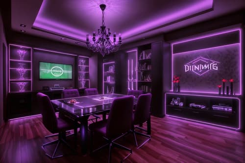photo from pinterest of gaming room-style interior designed (dining room interior) with table cloth and vase and plates, cutlery and glasses on dining table and bookshelves and light or chandelier and dining table and plant and dining table chairs. . with purple and red lights and speakers and gaming chair and multiple displays and dark walls and at night and computer desk with computer displays and keyboard and purple, red and blue fade light. . cinematic photo, highly detailed, cinematic lighting, ultra-detailed, ultrarealistic, photorealism, 8k. trending on pinterest. gaming room interior design style. masterpiece, cinematic light, ultrarealistic+, photorealistic+, 8k, raw photo, realistic, sharp focus on eyes, (symmetrical eyes), (intact eyes), hyperrealistic, highest quality, best quality, , highly detailed, masterpiece, best quality, extremely detailed 8k wallpaper, masterpiece, best quality, ultra-detailed, best shadow, detailed background, detailed face, detailed eyes, high contrast, best illumination, detailed face, dulux, caustic, dynamic angle, detailed glow. dramatic lighting. highly detailed, insanely detailed hair, symmetrical, intricate details, professionally retouched, 8k high definition. strong bokeh. award winning photo.