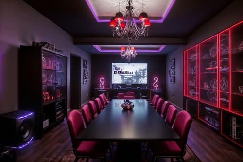 photo from pinterest of gaming room-style interior designed (dining room interior) with table cloth and vase and plates, cutlery and glasses on dining table and bookshelves and light or chandelier and dining table and plant and dining table chairs. . with purple and red lights and speakers and gaming chair and multiple displays and dark walls and at night and computer desk with computer displays and keyboard and purple, red and blue fade light. . cinematic photo, highly detailed, cinematic lighting, ultra-detailed, ultrarealistic, photorealism, 8k. trending on pinterest. gaming room interior design style. masterpiece, cinematic light, ultrarealistic+, photorealistic+, 8k, raw photo, realistic, sharp focus on eyes, (symmetrical eyes), (intact eyes), hyperrealistic, highest quality, best quality, , highly detailed, masterpiece, best quality, extremely detailed 8k wallpaper, masterpiece, best quality, ultra-detailed, best shadow, detailed background, detailed face, detailed eyes, high contrast, best illumination, detailed face, dulux, caustic, dynamic angle, detailed glow. dramatic lighting. highly detailed, insanely detailed hair, symmetrical, intricate details, professionally retouched, 8k high definition. strong bokeh. award winning photo.