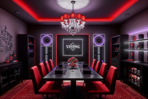 photo from pinterest of gaming room-style interior designed (dining room interior) with table cloth and vase and plates, cutlery and glasses on dining table and bookshelves and light or chandelier and dining table and plant and dining table chairs. . with purple and red lights and speakers and gaming chair and multiple displays and dark walls and at night and computer desk with computer displays and keyboard and purple, red and blue fade light. . cinematic photo, highly detailed, cinematic lighting, ultra-detailed, ultrarealistic, photorealism, 8k. trending on pinterest. gaming room interior design style. masterpiece, cinematic light, ultrarealistic+, photorealistic+, 8k, raw photo, realistic, sharp focus on eyes, (symmetrical eyes), (intact eyes), hyperrealistic, highest quality, best quality, , highly detailed, masterpiece, best quality, extremely detailed 8k wallpaper, masterpiece, best quality, ultra-detailed, best shadow, detailed background, detailed face, detailed eyes, high contrast, best illumination, detailed face, dulux, caustic, dynamic angle, detailed glow. dramatic lighting. highly detailed, insanely detailed hair, symmetrical, intricate details, professionally retouched, 8k high definition. strong bokeh. award winning photo.