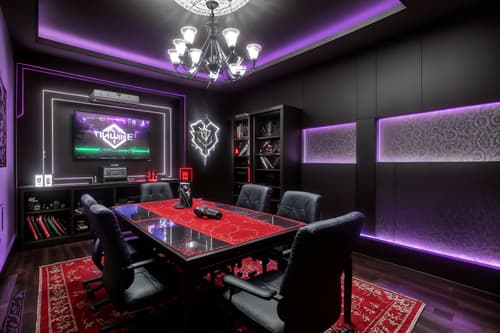 photo from pinterest of gaming room-style interior designed (dining room interior) with table cloth and vase and plates, cutlery and glasses on dining table and bookshelves and light or chandelier and dining table and plant and dining table chairs. . with purple and red lights and speakers and gaming chair and multiple displays and dark walls and at night and computer desk with computer displays and keyboard and purple, red and blue fade light. . cinematic photo, highly detailed, cinematic lighting, ultra-detailed, ultrarealistic, photorealism, 8k. trending on pinterest. gaming room interior design style. masterpiece, cinematic light, ultrarealistic+, photorealistic+, 8k, raw photo, realistic, sharp focus on eyes, (symmetrical eyes), (intact eyes), hyperrealistic, highest quality, best quality, , highly detailed, masterpiece, best quality, extremely detailed 8k wallpaper, masterpiece, best quality, ultra-detailed, best shadow, detailed background, detailed face, detailed eyes, high contrast, best illumination, detailed face, dulux, caustic, dynamic angle, detailed glow. dramatic lighting. highly detailed, insanely detailed hair, symmetrical, intricate details, professionally retouched, 8k high definition. strong bokeh. award winning photo.