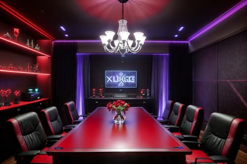 photo from pinterest of gaming room-style interior designed (dining room interior) with table cloth and vase and plates, cutlery and glasses on dining table and bookshelves and light or chandelier and dining table and plant and dining table chairs. . with purple and red lights and speakers and gaming chair and multiple displays and dark walls and at night and computer desk with computer displays and keyboard and purple, red and blue fade light. . cinematic photo, highly detailed, cinematic lighting, ultra-detailed, ultrarealistic, photorealism, 8k. trending on pinterest. gaming room interior design style. masterpiece, cinematic light, ultrarealistic+, photorealistic+, 8k, raw photo, realistic, sharp focus on eyes, (symmetrical eyes), (intact eyes), hyperrealistic, highest quality, best quality, , highly detailed, masterpiece, best quality, extremely detailed 8k wallpaper, masterpiece, best quality, ultra-detailed, best shadow, detailed background, detailed face, detailed eyes, high contrast, best illumination, detailed face, dulux, caustic, dynamic angle, detailed glow. dramatic lighting. highly detailed, insanely detailed hair, symmetrical, intricate details, professionally retouched, 8k high definition. strong bokeh. award winning photo.