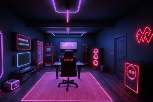 photo from pinterest of gaming room-style interior designed (attic interior) . with neon letters on wall and computer desk with computer displays and keyboard and neon lights and speakers and purple, red and blue fade light and dark walls and dark room and gaming chair. . cinematic photo, highly detailed, cinematic lighting, ultra-detailed, ultrarealistic, photorealism, 8k. trending on pinterest. gaming room interior design style. masterpiece, cinematic light, ultrarealistic+, photorealistic+, 8k, raw photo, realistic, sharp focus on eyes, (symmetrical eyes), (intact eyes), hyperrealistic, highest quality, best quality, , highly detailed, masterpiece, best quality, extremely detailed 8k wallpaper, masterpiece, best quality, ultra-detailed, best shadow, detailed background, detailed face, detailed eyes, high contrast, best illumination, detailed face, dulux, caustic, dynamic angle, detailed glow. dramatic lighting. highly detailed, insanely detailed hair, symmetrical, intricate details, professionally retouched, 8k high definition. strong bokeh. award winning photo.