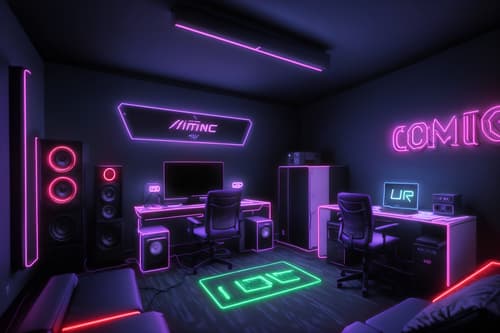 photo from pinterest of gaming room-style interior designed (attic interior) . with neon letters on wall and computer desk with computer displays and keyboard and neon lights and speakers and purple, red and blue fade light and dark walls and dark room and gaming chair. . cinematic photo, highly detailed, cinematic lighting, ultra-detailed, ultrarealistic, photorealism, 8k. trending on pinterest. gaming room interior design style. masterpiece, cinematic light, ultrarealistic+, photorealistic+, 8k, raw photo, realistic, sharp focus on eyes, (symmetrical eyes), (intact eyes), hyperrealistic, highest quality, best quality, , highly detailed, masterpiece, best quality, extremely detailed 8k wallpaper, masterpiece, best quality, ultra-detailed, best shadow, detailed background, detailed face, detailed eyes, high contrast, best illumination, detailed face, dulux, caustic, dynamic angle, detailed glow. dramatic lighting. highly detailed, insanely detailed hair, symmetrical, intricate details, professionally retouched, 8k high definition. strong bokeh. award winning photo.