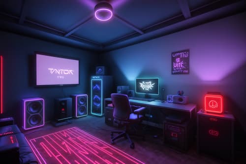 photo from pinterest of gaming room-style interior designed (attic interior) . with neon letters on wall and computer desk with computer displays and keyboard and neon lights and speakers and purple, red and blue fade light and dark walls and dark room and gaming chair. . cinematic photo, highly detailed, cinematic lighting, ultra-detailed, ultrarealistic, photorealism, 8k. trending on pinterest. gaming room interior design style. masterpiece, cinematic light, ultrarealistic+, photorealistic+, 8k, raw photo, realistic, sharp focus on eyes, (symmetrical eyes), (intact eyes), hyperrealistic, highest quality, best quality, , highly detailed, masterpiece, best quality, extremely detailed 8k wallpaper, masterpiece, best quality, ultra-detailed, best shadow, detailed background, detailed face, detailed eyes, high contrast, best illumination, detailed face, dulux, caustic, dynamic angle, detailed glow. dramatic lighting. highly detailed, insanely detailed hair, symmetrical, intricate details, professionally retouched, 8k high definition. strong bokeh. award winning photo.