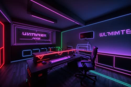 photo from pinterest of gaming room-style interior designed (attic interior) . with neon letters on wall and computer desk with computer displays and keyboard and neon lights and speakers and purple, red and blue fade light and dark walls and dark room and gaming chair. . cinematic photo, highly detailed, cinematic lighting, ultra-detailed, ultrarealistic, photorealism, 8k. trending on pinterest. gaming room interior design style. masterpiece, cinematic light, ultrarealistic+, photorealistic+, 8k, raw photo, realistic, sharp focus on eyes, (symmetrical eyes), (intact eyes), hyperrealistic, highest quality, best quality, , highly detailed, masterpiece, best quality, extremely detailed 8k wallpaper, masterpiece, best quality, ultra-detailed, best shadow, detailed background, detailed face, detailed eyes, high contrast, best illumination, detailed face, dulux, caustic, dynamic angle, detailed glow. dramatic lighting. highly detailed, insanely detailed hair, symmetrical, intricate details, professionally retouched, 8k high definition. strong bokeh. award winning photo.