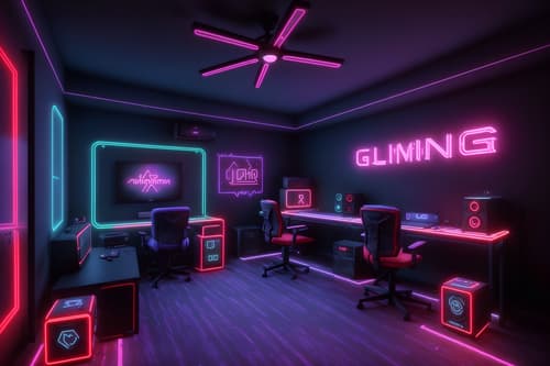 photo from pinterest of gaming room-style interior designed (attic interior) . with neon letters on wall and computer desk with computer displays and keyboard and neon lights and speakers and purple, red and blue fade light and dark walls and dark room and gaming chair. . cinematic photo, highly detailed, cinematic lighting, ultra-detailed, ultrarealistic, photorealism, 8k. trending on pinterest. gaming room interior design style. masterpiece, cinematic light, ultrarealistic+, photorealistic+, 8k, raw photo, realistic, sharp focus on eyes, (symmetrical eyes), (intact eyes), hyperrealistic, highest quality, best quality, , highly detailed, masterpiece, best quality, extremely detailed 8k wallpaper, masterpiece, best quality, ultra-detailed, best shadow, detailed background, detailed face, detailed eyes, high contrast, best illumination, detailed face, dulux, caustic, dynamic angle, detailed glow. dramatic lighting. highly detailed, insanely detailed hair, symmetrical, intricate details, professionally retouched, 8k high definition. strong bokeh. award winning photo.