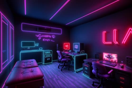 photo from pinterest of gaming room-style interior designed (attic interior) . with neon letters on wall and computer desk with computer displays and keyboard and neon lights and speakers and purple, red and blue fade light and dark walls and dark room and gaming chair. . cinematic photo, highly detailed, cinematic lighting, ultra-detailed, ultrarealistic, photorealism, 8k. trending on pinterest. gaming room interior design style. masterpiece, cinematic light, ultrarealistic+, photorealistic+, 8k, raw photo, realistic, sharp focus on eyes, (symmetrical eyes), (intact eyes), hyperrealistic, highest quality, best quality, , highly detailed, masterpiece, best quality, extremely detailed 8k wallpaper, masterpiece, best quality, ultra-detailed, best shadow, detailed background, detailed face, detailed eyes, high contrast, best illumination, detailed face, dulux, caustic, dynamic angle, detailed glow. dramatic lighting. highly detailed, insanely detailed hair, symmetrical, intricate details, professionally retouched, 8k high definition. strong bokeh. award winning photo.