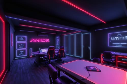 photo from pinterest of gaming room-style interior designed (attic interior) . with neon letters on wall and computer desk with computer displays and keyboard and neon lights and speakers and purple, red and blue fade light and dark walls and dark room and gaming chair. . cinematic photo, highly detailed, cinematic lighting, ultra-detailed, ultrarealistic, photorealism, 8k. trending on pinterest. gaming room interior design style. masterpiece, cinematic light, ultrarealistic+, photorealistic+, 8k, raw photo, realistic, sharp focus on eyes, (symmetrical eyes), (intact eyes), hyperrealistic, highest quality, best quality, , highly detailed, masterpiece, best quality, extremely detailed 8k wallpaper, masterpiece, best quality, ultra-detailed, best shadow, detailed background, detailed face, detailed eyes, high contrast, best illumination, detailed face, dulux, caustic, dynamic angle, detailed glow. dramatic lighting. highly detailed, insanely detailed hair, symmetrical, intricate details, professionally retouched, 8k high definition. strong bokeh. award winning photo.
