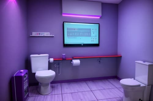 photo from pinterest of gaming room-style interior designed (toilet interior) with toilet with toilet seat up and toilet paper hanger and sink with tap and toilet with toilet seat up. . with purple, red and blue fade light and computer desk with computer displays and keyboard and purple and red lights and multiple displays and at night and dark walls and neon lights and dark room. . cinematic photo, highly detailed, cinematic lighting, ultra-detailed, ultrarealistic, photorealism, 8k. trending on pinterest. gaming room interior design style. masterpiece, cinematic light, ultrarealistic+, photorealistic+, 8k, raw photo, realistic, sharp focus on eyes, (symmetrical eyes), (intact eyes), hyperrealistic, highest quality, best quality, , highly detailed, masterpiece, best quality, extremely detailed 8k wallpaper, masterpiece, best quality, ultra-detailed, best shadow, detailed background, detailed face, detailed eyes, high contrast, best illumination, detailed face, dulux, caustic, dynamic angle, detailed glow. dramatic lighting. highly detailed, insanely detailed hair, symmetrical, intricate details, professionally retouched, 8k high definition. strong bokeh. award winning photo.