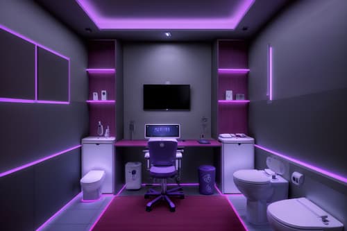 photo from pinterest of gaming room-style interior designed (toilet interior) with toilet with toilet seat up and toilet paper hanger and sink with tap and toilet with toilet seat up. . with purple, red and blue fade light and computer desk with computer displays and keyboard and purple and red lights and multiple displays and at night and dark walls and neon lights and dark room. . cinematic photo, highly detailed, cinematic lighting, ultra-detailed, ultrarealistic, photorealism, 8k. trending on pinterest. gaming room interior design style. masterpiece, cinematic light, ultrarealistic+, photorealistic+, 8k, raw photo, realistic, sharp focus on eyes, (symmetrical eyes), (intact eyes), hyperrealistic, highest quality, best quality, , highly detailed, masterpiece, best quality, extremely detailed 8k wallpaper, masterpiece, best quality, ultra-detailed, best shadow, detailed background, detailed face, detailed eyes, high contrast, best illumination, detailed face, dulux, caustic, dynamic angle, detailed glow. dramatic lighting. highly detailed, insanely detailed hair, symmetrical, intricate details, professionally retouched, 8k high definition. strong bokeh. award winning photo.