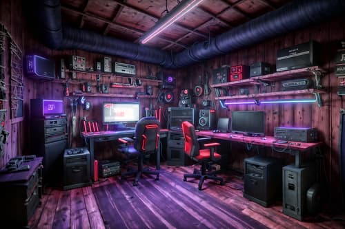 photo from pinterest of gaming room-style interior designed (workshop interior) with wooden workbench and messy and tool wall and wooden workbench. . with dark room and purple and red lights and speakers and neon letters on wall and purple, red and blue fade light and computer desk with computer displays and keyboard and multiple displays and gaming chair. . cinematic photo, highly detailed, cinematic lighting, ultra-detailed, ultrarealistic, photorealism, 8k. trending on pinterest. gaming room interior design style. masterpiece, cinematic light, ultrarealistic+, photorealistic+, 8k, raw photo, realistic, sharp focus on eyes, (symmetrical eyes), (intact eyes), hyperrealistic, highest quality, best quality, , highly detailed, masterpiece, best quality, extremely detailed 8k wallpaper, masterpiece, best quality, ultra-detailed, best shadow, detailed background, detailed face, detailed eyes, high contrast, best illumination, detailed face, dulux, caustic, dynamic angle, detailed glow. dramatic lighting. highly detailed, insanely detailed hair, symmetrical, intricate details, professionally retouched, 8k high definition. strong bokeh. award winning photo.