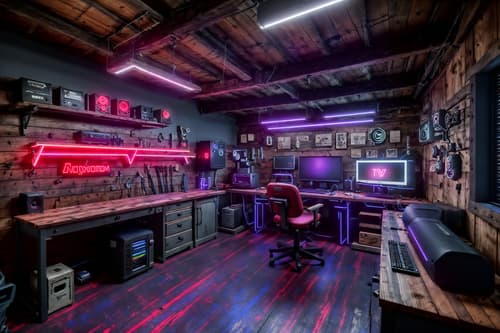 photo from pinterest of gaming room-style interior designed (workshop interior) with wooden workbench and messy and tool wall and wooden workbench. . with dark room and purple and red lights and speakers and neon letters on wall and purple, red and blue fade light and computer desk with computer displays and keyboard and multiple displays and gaming chair. . cinematic photo, highly detailed, cinematic lighting, ultra-detailed, ultrarealistic, photorealism, 8k. trending on pinterest. gaming room interior design style. masterpiece, cinematic light, ultrarealistic+, photorealistic+, 8k, raw photo, realistic, sharp focus on eyes, (symmetrical eyes), (intact eyes), hyperrealistic, highest quality, best quality, , highly detailed, masterpiece, best quality, extremely detailed 8k wallpaper, masterpiece, best quality, ultra-detailed, best shadow, detailed background, detailed face, detailed eyes, high contrast, best illumination, detailed face, dulux, caustic, dynamic angle, detailed glow. dramatic lighting. highly detailed, insanely detailed hair, symmetrical, intricate details, professionally retouched, 8k high definition. strong bokeh. award winning photo.