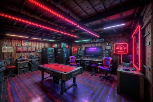 photo from pinterest of gaming room-style interior designed (workshop interior) with wooden workbench and messy and tool wall and wooden workbench. . with dark room and purple and red lights and speakers and neon letters on wall and purple, red and blue fade light and computer desk with computer displays and keyboard and multiple displays and gaming chair. . cinematic photo, highly detailed, cinematic lighting, ultra-detailed, ultrarealistic, photorealism, 8k. trending on pinterest. gaming room interior design style. masterpiece, cinematic light, ultrarealistic+, photorealistic+, 8k, raw photo, realistic, sharp focus on eyes, (symmetrical eyes), (intact eyes), hyperrealistic, highest quality, best quality, , highly detailed, masterpiece, best quality, extremely detailed 8k wallpaper, masterpiece, best quality, ultra-detailed, best shadow, detailed background, detailed face, detailed eyes, high contrast, best illumination, detailed face, dulux, caustic, dynamic angle, detailed glow. dramatic lighting. highly detailed, insanely detailed hair, symmetrical, intricate details, professionally retouched, 8k high definition. strong bokeh. award winning photo.