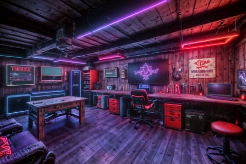 photo from pinterest of gaming room-style interior designed (workshop interior) with wooden workbench and messy and tool wall and wooden workbench. . with dark room and purple and red lights and speakers and neon letters on wall and purple, red and blue fade light and computer desk with computer displays and keyboard and multiple displays and gaming chair. . cinematic photo, highly detailed, cinematic lighting, ultra-detailed, ultrarealistic, photorealism, 8k. trending on pinterest. gaming room interior design style. masterpiece, cinematic light, ultrarealistic+, photorealistic+, 8k, raw photo, realistic, sharp focus on eyes, (symmetrical eyes), (intact eyes), hyperrealistic, highest quality, best quality, , highly detailed, masterpiece, best quality, extremely detailed 8k wallpaper, masterpiece, best quality, ultra-detailed, best shadow, detailed background, detailed face, detailed eyes, high contrast, best illumination, detailed face, dulux, caustic, dynamic angle, detailed glow. dramatic lighting. highly detailed, insanely detailed hair, symmetrical, intricate details, professionally retouched, 8k high definition. strong bokeh. award winning photo.