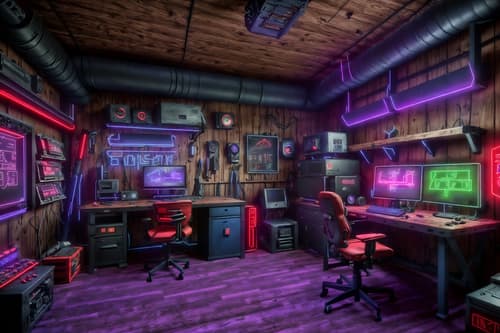 photo from pinterest of gaming room-style interior designed (workshop interior) with wooden workbench and messy and tool wall and wooden workbench. . with dark room and purple and red lights and speakers and neon letters on wall and purple, red and blue fade light and computer desk with computer displays and keyboard and multiple displays and gaming chair. . cinematic photo, highly detailed, cinematic lighting, ultra-detailed, ultrarealistic, photorealism, 8k. trending on pinterest. gaming room interior design style. masterpiece, cinematic light, ultrarealistic+, photorealistic+, 8k, raw photo, realistic, sharp focus on eyes, (symmetrical eyes), (intact eyes), hyperrealistic, highest quality, best quality, , highly detailed, masterpiece, best quality, extremely detailed 8k wallpaper, masterpiece, best quality, ultra-detailed, best shadow, detailed background, detailed face, detailed eyes, high contrast, best illumination, detailed face, dulux, caustic, dynamic angle, detailed glow. dramatic lighting. highly detailed, insanely detailed hair, symmetrical, intricate details, professionally retouched, 8k high definition. strong bokeh. award winning photo.