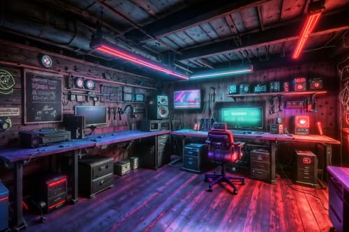 photo from pinterest of gaming room-style interior designed (workshop interior) with wooden workbench and messy and tool wall and wooden workbench. . with dark room and purple and red lights and speakers and neon letters on wall and purple, red and blue fade light and computer desk with computer displays and keyboard and multiple displays and gaming chair. . cinematic photo, highly detailed, cinematic lighting, ultra-detailed, ultrarealistic, photorealism, 8k. trending on pinterest. gaming room interior design style. masterpiece, cinematic light, ultrarealistic+, photorealistic+, 8k, raw photo, realistic, sharp focus on eyes, (symmetrical eyes), (intact eyes), hyperrealistic, highest quality, best quality, , highly detailed, masterpiece, best quality, extremely detailed 8k wallpaper, masterpiece, best quality, ultra-detailed, best shadow, detailed background, detailed face, detailed eyes, high contrast, best illumination, detailed face, dulux, caustic, dynamic angle, detailed glow. dramatic lighting. highly detailed, insanely detailed hair, symmetrical, intricate details, professionally retouched, 8k high definition. strong bokeh. award winning photo.