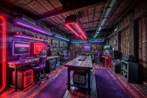 photo from pinterest of gaming room-style interior designed (workshop interior) with wooden workbench and messy and tool wall and wooden workbench. . with dark room and purple and red lights and speakers and neon letters on wall and purple, red and blue fade light and computer desk with computer displays and keyboard and multiple displays and gaming chair. . cinematic photo, highly detailed, cinematic lighting, ultra-detailed, ultrarealistic, photorealism, 8k. trending on pinterest. gaming room interior design style. masterpiece, cinematic light, ultrarealistic+, photorealistic+, 8k, raw photo, realistic, sharp focus on eyes, (symmetrical eyes), (intact eyes), hyperrealistic, highest quality, best quality, , highly detailed, masterpiece, best quality, extremely detailed 8k wallpaper, masterpiece, best quality, ultra-detailed, best shadow, detailed background, detailed face, detailed eyes, high contrast, best illumination, detailed face, dulux, caustic, dynamic angle, detailed glow. dramatic lighting. highly detailed, insanely detailed hair, symmetrical, intricate details, professionally retouched, 8k high definition. strong bokeh. award winning photo.
